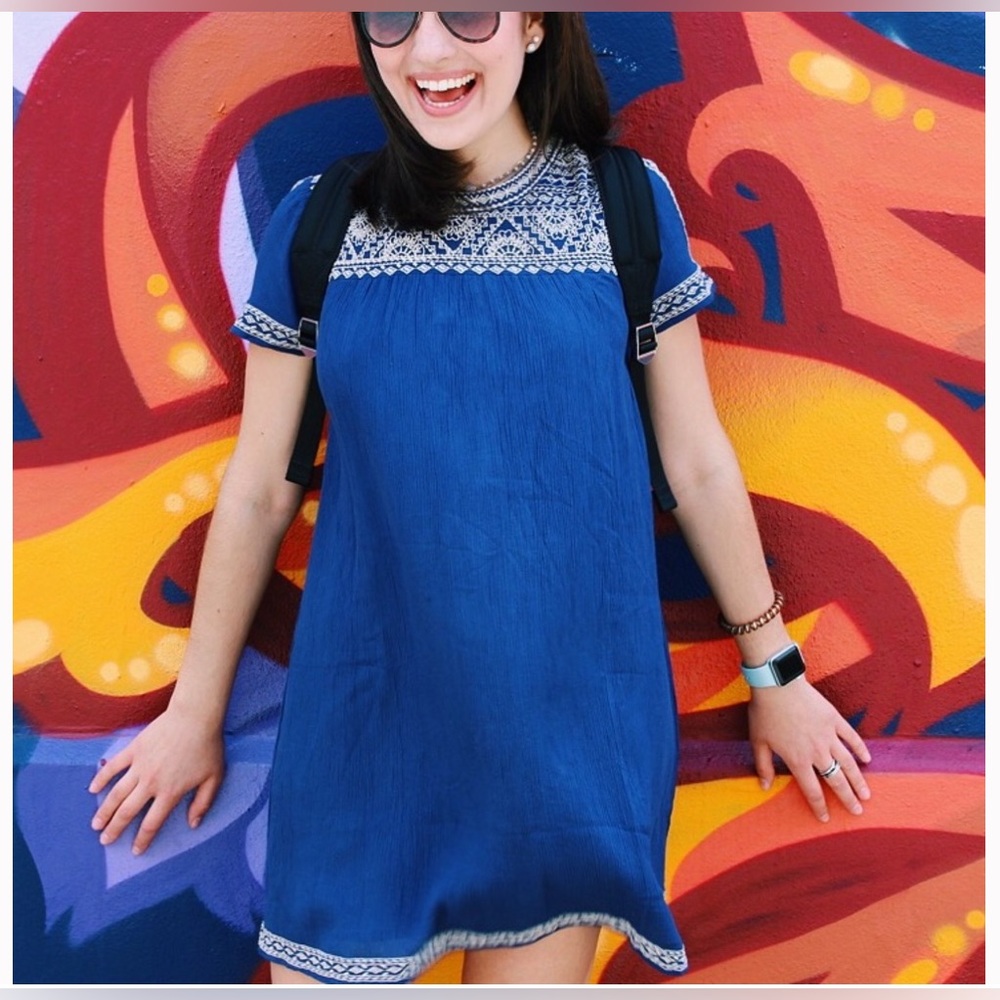 Lucky Brand Blue Embroidered Dress Shift Boho Size XL